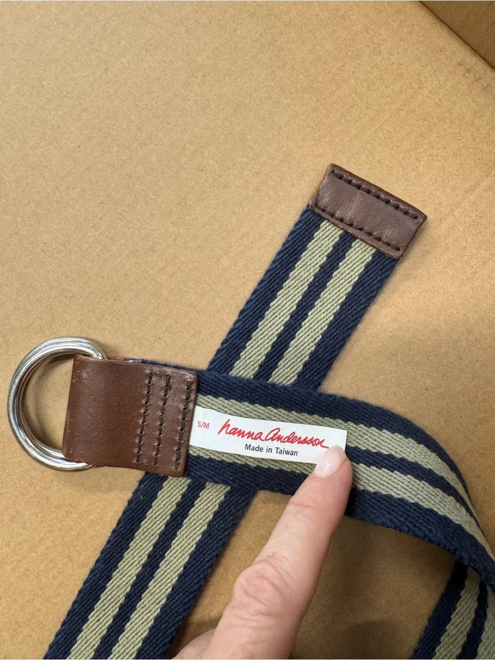 Hanna Andersson navy and sage green striped belt with brown leatherz S / M